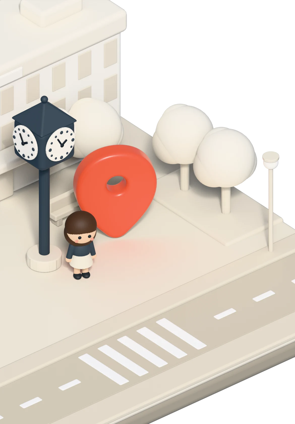 駅前の広場。時計台の下でココ子が待ち、そばにコーラルのピンが立っている