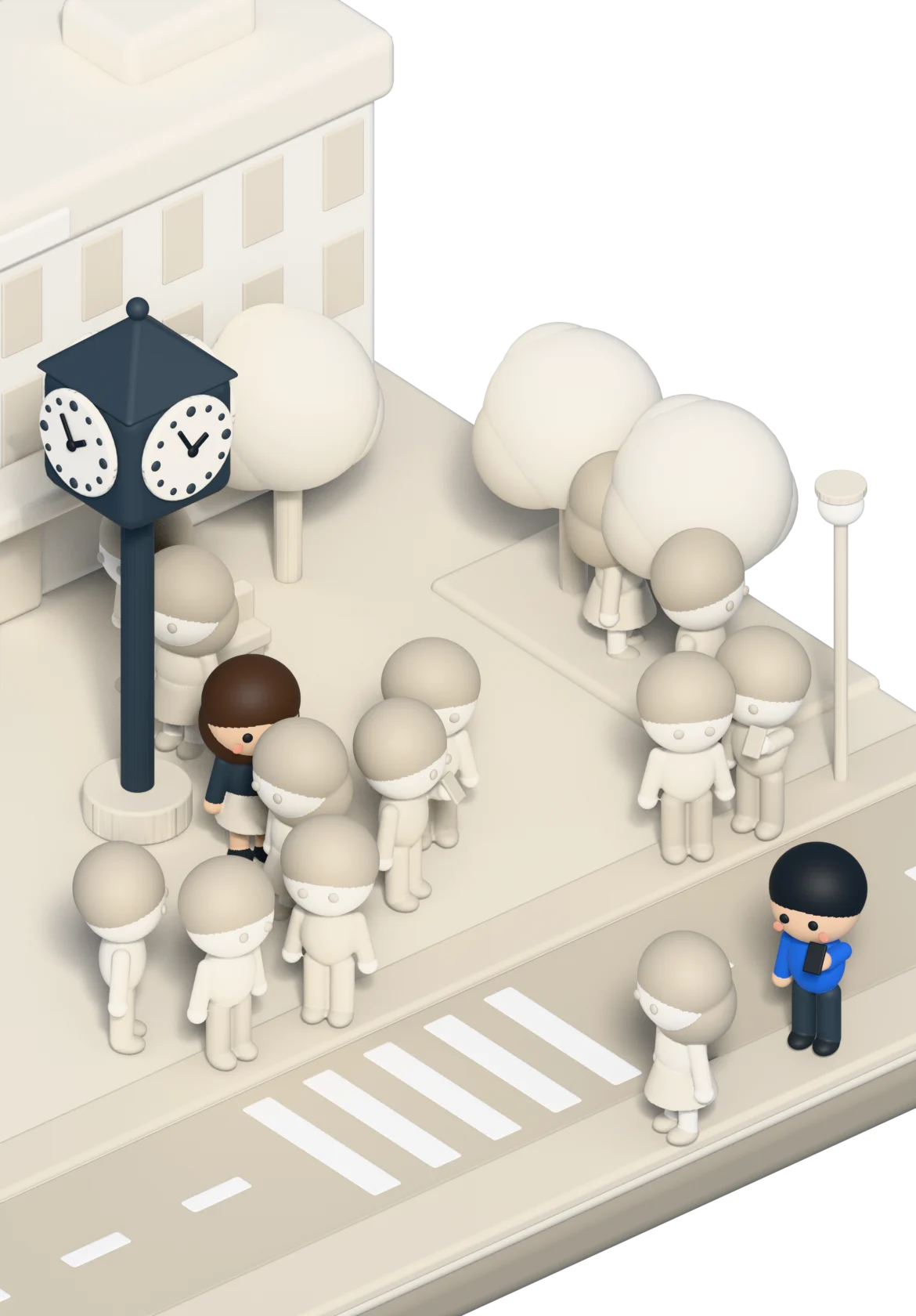 人混みの駅前。手前の歩道で友だちがスマホを打つ。時計台の下のココ子は、人混みに埋もれて見えにくい